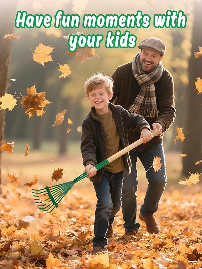 Kids Friendly Rakes for Leaves - 28" Child Size Small Rake with Durable Metal Head & Hardwood Handle, Real Lawn Garden Yard Tools for 3+ Years Kids Enjoy Helping Work Gifts (Green)