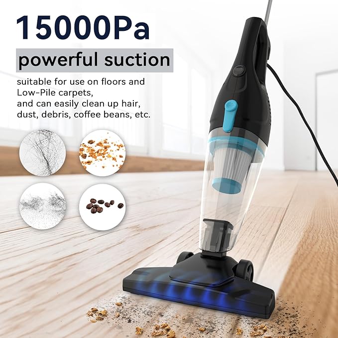 Corded Vacuum Cleaner, 4-in-1 Vacuum Cleaners for Home 15Kpa Power Suction Lightweight Stick Vacuum with Washable HEPA Filter Converts to a Handheld Vacuum for Home, Pet Hair, Carpet, Hard Floors