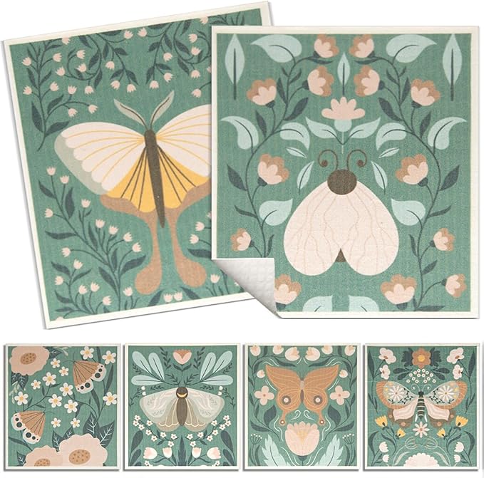 6 - Pack Swedish Kitchen Dish Cloths - Reusable Paper Towels for Counters & Dishes - Eco Friendly Cellulose Sponge Cloth - Assorted (Butterfly)