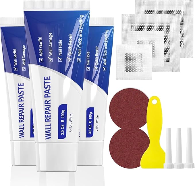 SEISSO Drywall Repair Kit, Wall Mending Agent*3(100 g), Wall Spackl Patch*4, Wall Repair Paste with Scraper and Sandpaper*2, for Wall Cracks, Graffiti, Whitewall Hole Filler and Plaster Dent Repair
