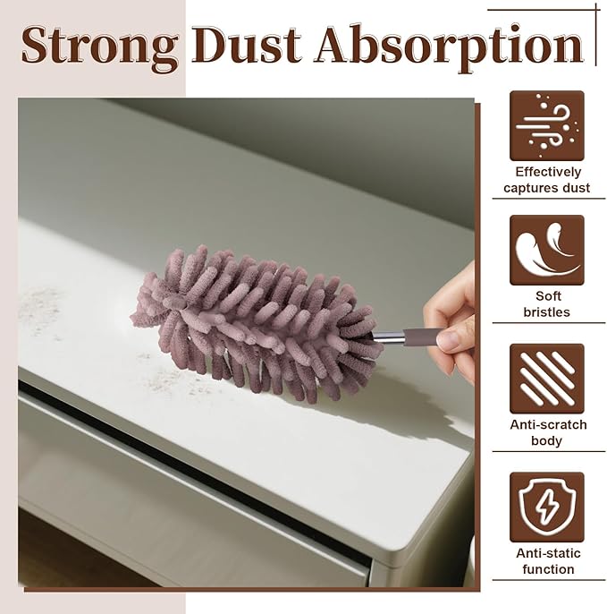 2 PCS Car Interior Duster with Extension Pole, Microfiber Car Dusters with Bendable Head, Cars Duster Exterior&Interior Scratch Free, for Cleaning of Vehicle Details, Offices, Window, Furniture(Brown)