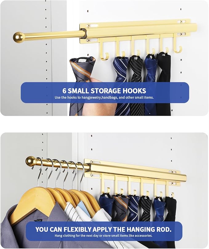 BaiNong 16.5" Valet Rod for Closet Pull Out With 6 Hooks Valet Rods for Closets (2Pack Gold) Closet Valet Rod Slide Out