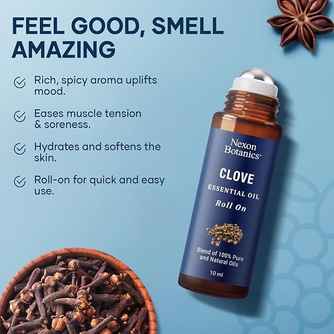 Clove Essential Oil Roll On 10 ml - Pre-Diluted Roller for Skin, Teeth & Aromatherapy - Ready to Use - Made from Pure Natural Oils - Nexon Botanics