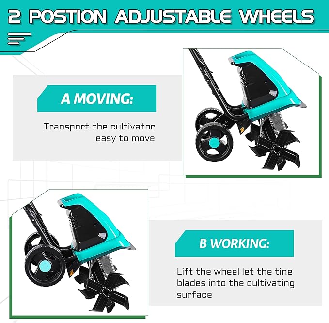 15 Amp 12 Inch Electric Tiller/Cultivator with 4 Steel Tines Small Garden Tiller for Gardening, Corded Rototiller with Adjustable Wheels