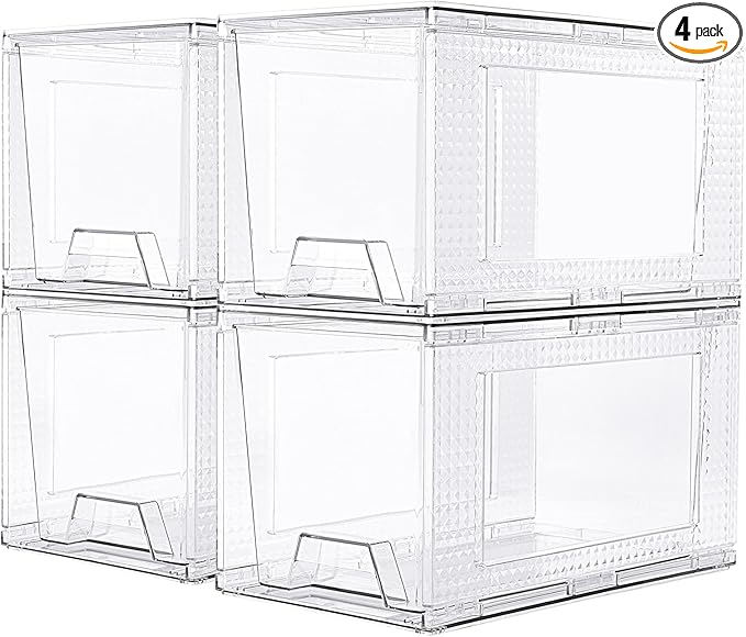 JollyPack 4 Pack Clear Stackable Storage Drawers, Easy to Assemble Multi-Use Bathroom Organizers and Storage, Suitable for Vanity, Bathroom, Makeup, Under Sink, Office, Kitchen and Pantry