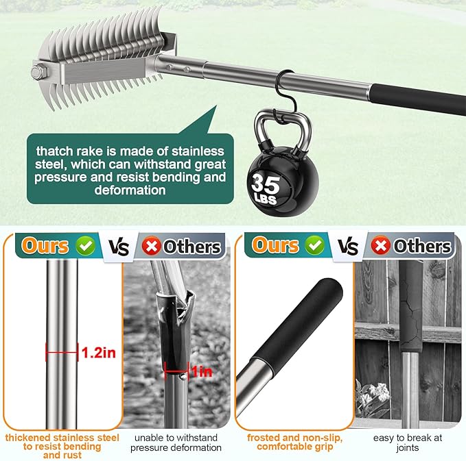 Lawn Rake for Yard, 304 Stainless Steel Thatch Rake for Lawns - Heavy Duty Dethatcher Blades with Adjustable Handle , Efficient Dethatching Rakes for Cleaning Dead Grass, Loosening Soil