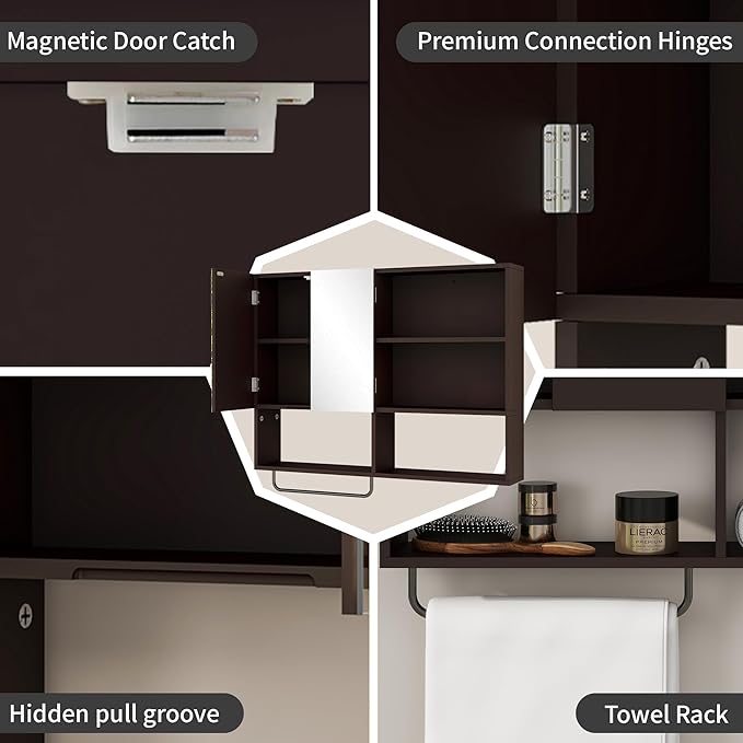 Wooden Bathroom Organizers, Over The Toilet Storage Cabinet with 2 Doors, Adjustable Shelves & Towel Bar, Wall Mounted Medicine Cabinet for Laundry with Mirror, Espresso