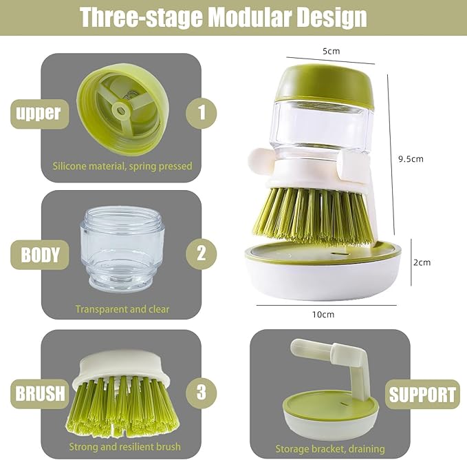 Soap Dispenser Dish Brush, Palm Brush Scrub Brush, with Storage Bracket and Drainage Base, Gray