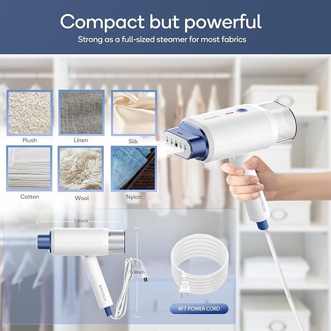 Newbealer Steamer for Clothes, 1200W Travel Steamer with Horizontal & Vertical Steaming, 2 Steam Levels, Dry Ironing, Foldable, 1.5lbs Lightly, 180ml Handheld Fabric Wrinkle Remover (120V Only)