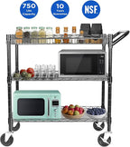 WDT Heavy Duty 3 Tier Utility Cart,Wire Rolling Cart with Wheels, Commercial Grade Service Cart with Shelving Liners and Handle Bar Metal Carts for Kitchen Office Hardware (750LBS Capacity Black)