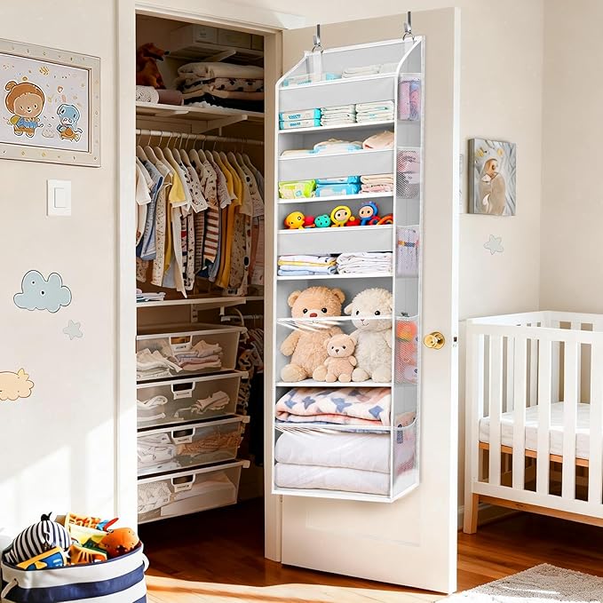 5 Tiers Over Door Organizer with 10 Mesh Side Pockets, 50 lbs Weight Capacity Hanging Storage Organizer with Clear Window Kids Toys, Shoes, Diapers, Light Gray