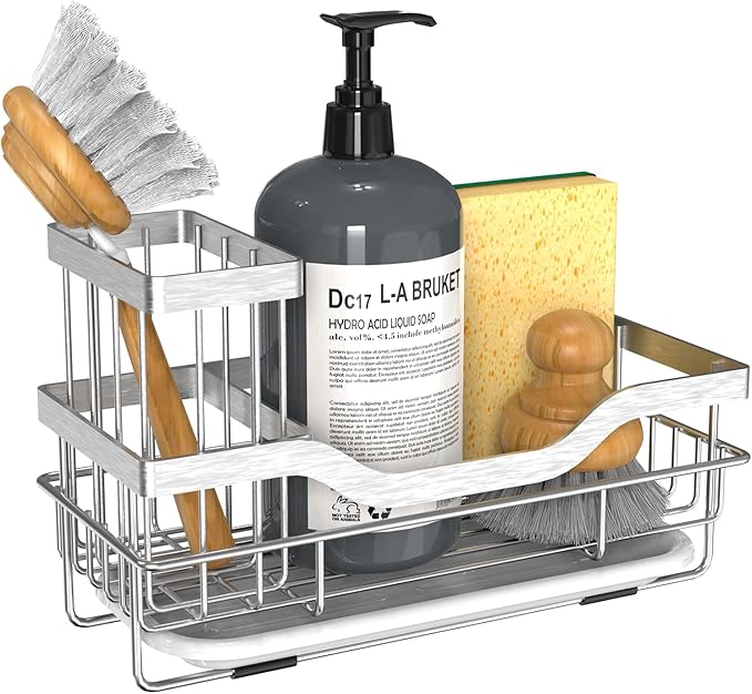 Vanwood Kitchen Sink Caddy Organizer Sponge Holder for Kitchen Sink, Rustproof Dish Soap Sponge Caddy for Counter with Detachable Brush Holder & Drain Tray - Storage Home & Cocina Accesorios, SILVER