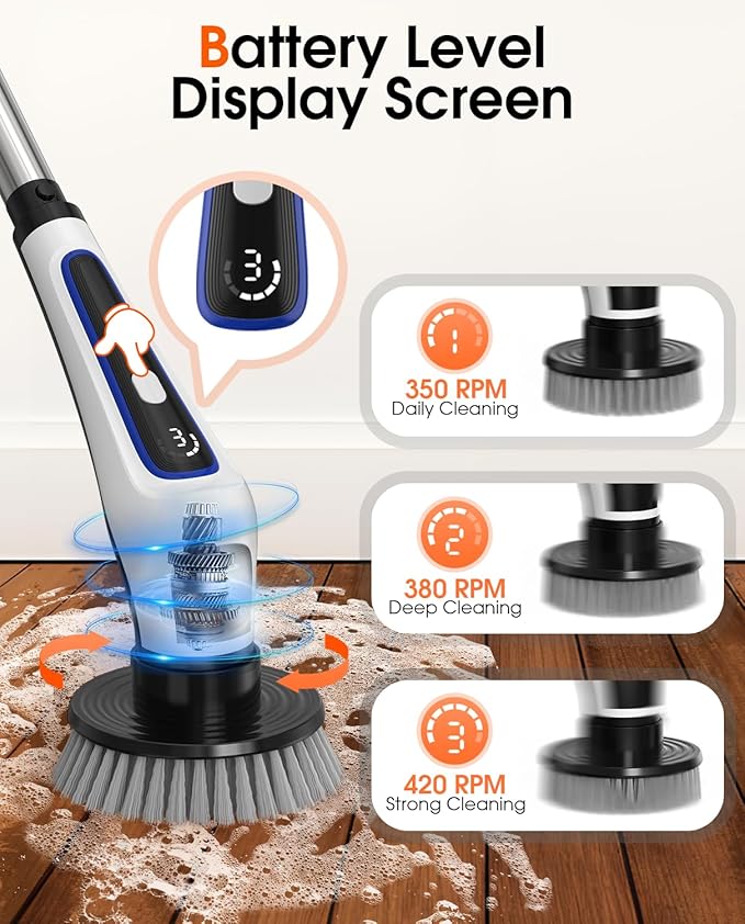 Electric Spin Scrubber, Rocfinity IPX7 Waterproof Cordless Cleaning Brush, 9 Brushs Heads Shower Scrubber - Extendable Long Handle Electric Cleaner Brush for Window,Floor,Car,Bathtub,Kitchen