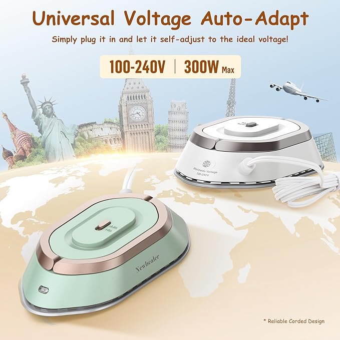 Newbealer Travel Iron with Global Voltage, 100-240V Mini Dry Iron for Clothes (No Steam), Max 300W, 60s Heat Up, 302℉ Non-Stick Ceramic Soleplate, 0.8lbs Ultra-Lightweight (Silver)