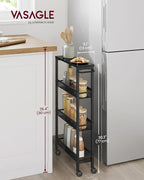 VASAGLE Slim Rolling Cart, 4-Tier Storage Cart, Narrow Cart with Handle, 5.1 Inches Deep, Metal Frame, for Kitchen, Dining Room, Living Room, Home Office, Ebony Black and Classic Black ULRC032B04