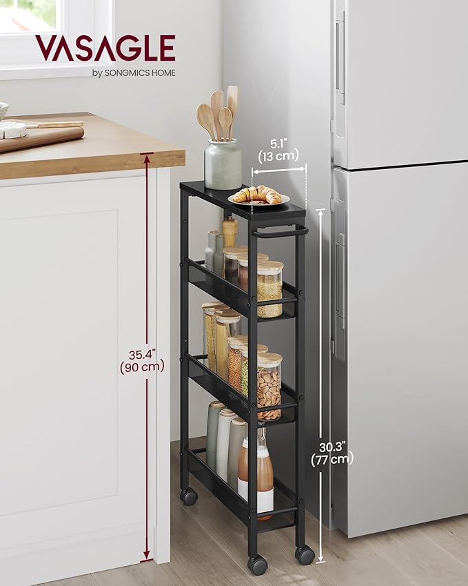 VASAGLE Slim Rolling Cart, 4-Tier Storage Cart, Narrow Cart with Handle, 5.1 Inches Deep, Metal Frame, for Kitchen, Dining Room, Living Room, Home Office, Ebony Black and Classic Black ULRC032B04