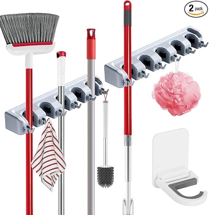 Broom Holder Wall Mount, 2 Packs Heavy Duty Cleaning Supplies Organizer, Garden Tool & Utility Closet with Hook, Mop & Broom Hook Wall Mounted for Bathroom, Garage, Kitchen, Laundry (Gray-2pcs)
