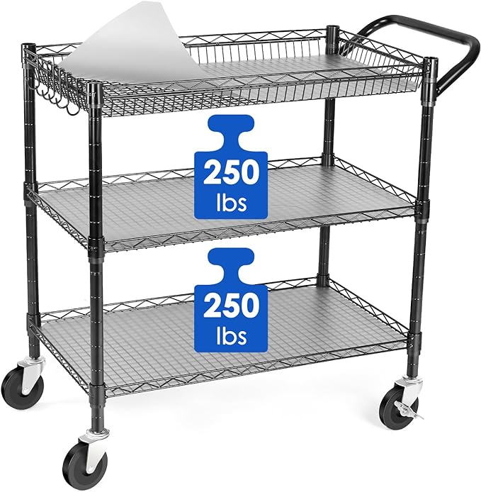 WDT Heavy Duty 3 Tier Utility Cart,Wire Rolling Cart with Wheels, Commercial Grade Service Cart with Shelving Liners and Handle Bar Metal Carts for Kitchen Office Hardware (750LBS Capacity Black)