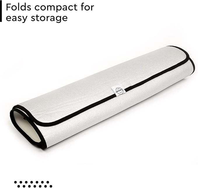 Encasa XO Ironing Mat/Pad - Metallic Silver (Small 28"x20") with 5mm Foam Padding & Silicone Iron Rest for Steam Pressing on Tabletop or Bed - Heat Reflective, Portable, Quilting