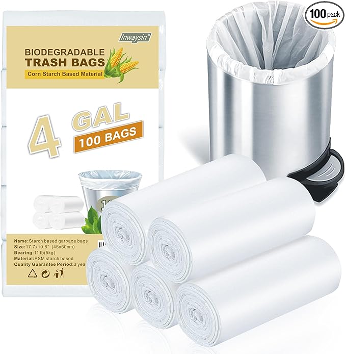 Small White Trash-Bags Bathroom 4 Gallon - Compostable Garbage Bags 4 Gallon 100 Count Biodegradable Unscented Little Waste Basket Kitchen Office Car Tiny Liners Bulk Strong Thick Inwaysin
