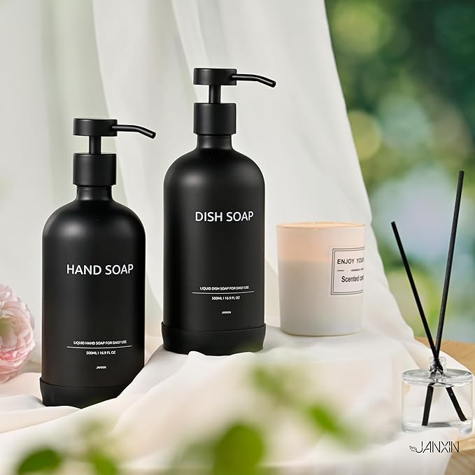 Glass Kitchen Soap Dispenser Set with Ceramic Tray,16.9 floz Hand and Dish Soap Dispenser for Kitchen and Bathroom Decor,Kitchen Accessories(Black Bottles +Black Pumps)