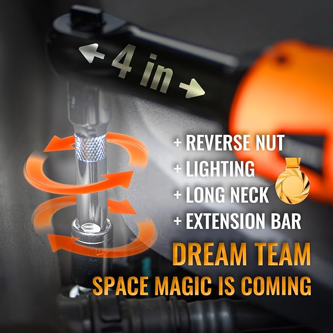 3/8" Extended Electric Ratchet Wrench Set, 45ft-lbs(61N.m) 16V Cordless Long Neck Power Ratchet Wrench Kit with 2pcs Batteries, LED Light, 9 Sockets, Toolbox, Variable Speed, For Housework, Car Repair