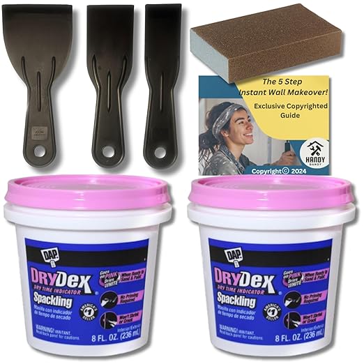 Drywall Repair Kit Bundle with DAP Drydex Spackling Pink, Sanding Block, Putty Knives, Handy Dandy Guide, and Nail Hole Filler for Walls