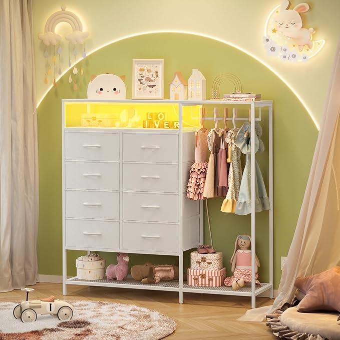 White Dresser for Bedroom with 8 Drawers, Bedroom Dressers with Hanging Rack, Clothes Storage Cabinet with Led Lights & Charging Station, 47 Inch Chest of Drawers with Shelves for Bedroom, Closet