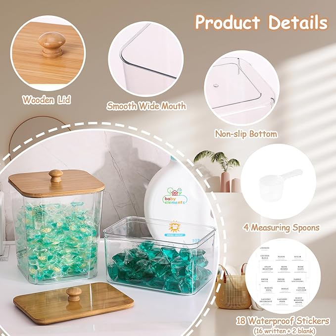 4 Pack Laundry Pods Container,Clear Dryer Sheet Holder & Laundry Room Organization and Storage with Lids, Scoops & Labels for Laundry Detergent, Powder, Dryer Balls, Beads (Clear)
