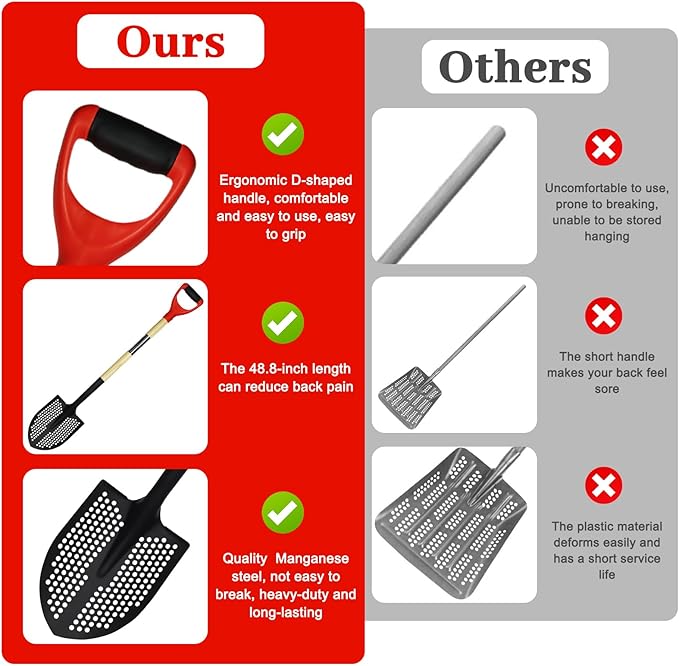 Upgrade Sifting Shovel - 50" Long Sand Sifter Shovel with Hole for Chicken Coop,Mud & Beach Fun, Heavy Duty Rock Sifter, Chicken Poop Scooper for Sand with Ergonomic D-Grip Handle