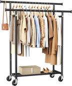 HYSEYY Clothes Rack, Double Rods Rolling Clothing Rack for Hanging Clothes, Portable Garment Rack with Wheels, Coat Rack Wardrobe Closet Load 240 LBS for Bedroom Laundry Room, Black