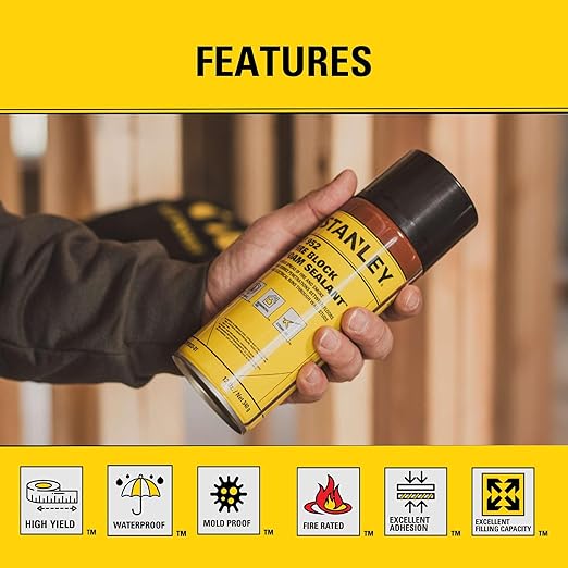 Stanley F952 Fire Block Spray Foam – (12x12oz) Fire Rated Expanding Polyurethane Foam Sealant for Gap Filling & Sealing on Doors, Windows, Walls, Pipes & Joints – Indoor/Outdoor Straw Use | 12 Pack