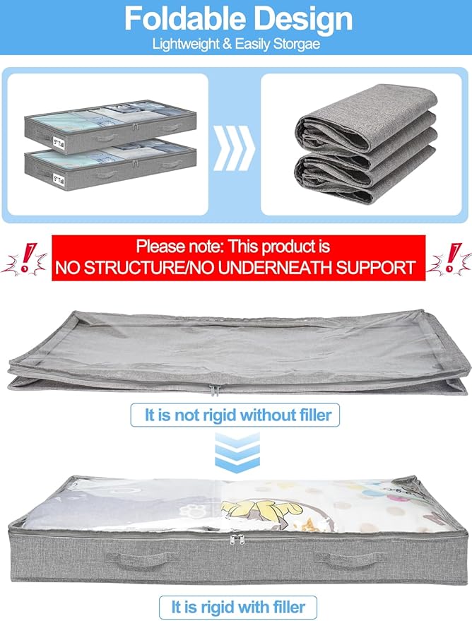 punemi 5 Inches High Low Profile Under Bed Storage Containers，No-Structure,Soft Fabric Zippered Underbed Storage bins for Clothes and Blankets— Fits Under Crib, Couch or Dorm bed,2-Pack,Grey