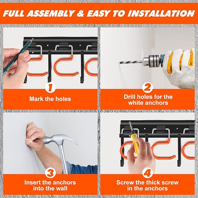 68'' All Metal Garden Tool Organizer Wall Mount Garage Tool Organizers and Storage Broom Holder Wall Mount with Hooks Tool Hangers for Shed