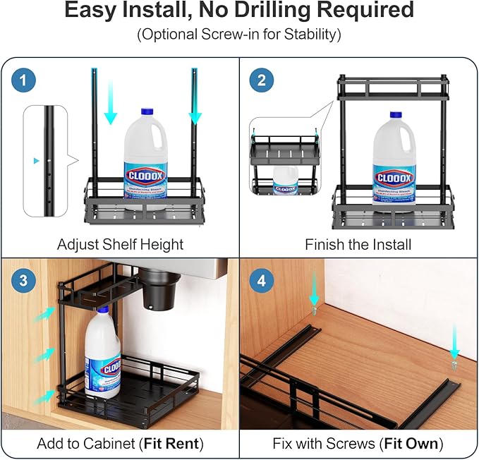 iSPECLE Under Kitchen Sink Organizer - 2 Pack Under Sink Pull Out Organizer Expandable Width Add More Space, Adjustable Height Easy Get Items, No Drilling Required Kitchen Under Sink Organizer