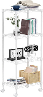 M MZG 1000 lbs 4-Shelf Adjustable Heavy Duty Steel Wire Rack, Adjustable Storage Shelving Unit with Wheel for Kitchen, Garage, Laundry White 11.8" D x 17.7" W x 40.8" H