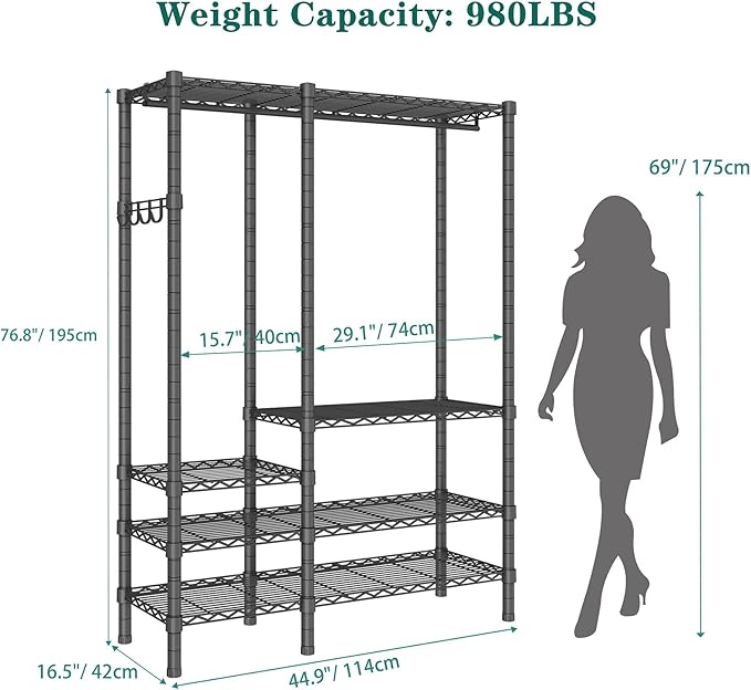Heavy Duty Garment Rack, Metal Freestanding Closet Wardrobe Clothes Racks for Hanging Clothes, 4 Tiers Adjustable Wire Shelving, 44.9'' L x 16.5'' W x 76.8 '' H, Max Load 850LBS, Black