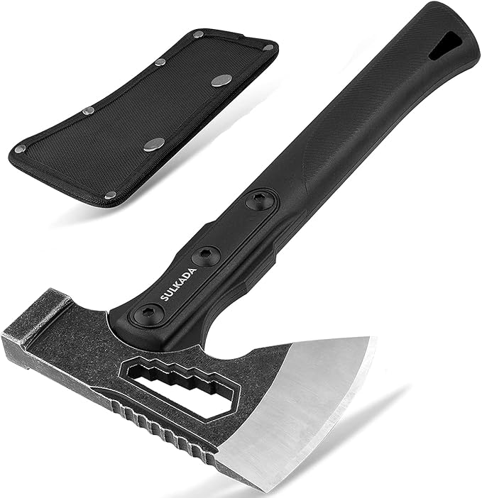 SULKADA Camping Hatchet, 10.5 Inch Survival Axe,Stainless-Steel Blade,Fiberglass Shock Reduction Handle with Anti-Slip Grip, for Chopping Wood,Gardening and Outdoor Survival,Gift for Dad Men