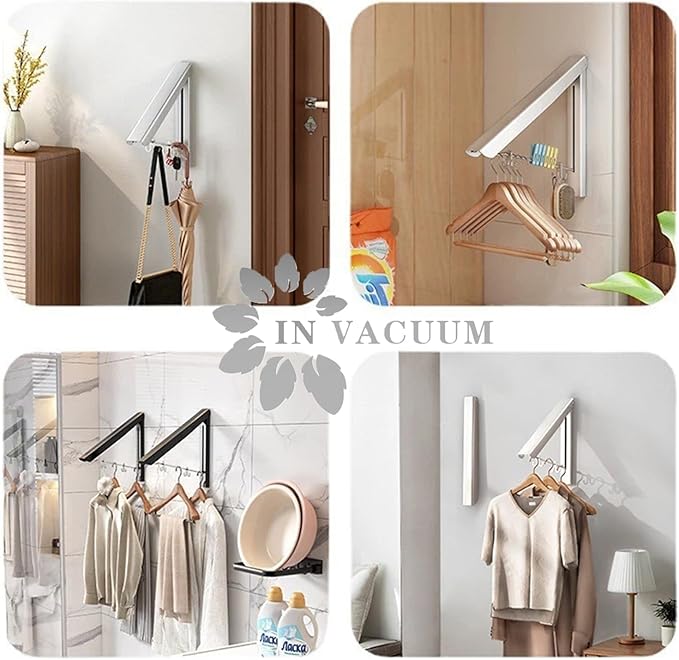 Laundry Drying Rack, Wall Mounted Retractable Clothes Hanger, Aluminium Home Storage Organization Space Savers for Home(2 Racks with Rod,Black)