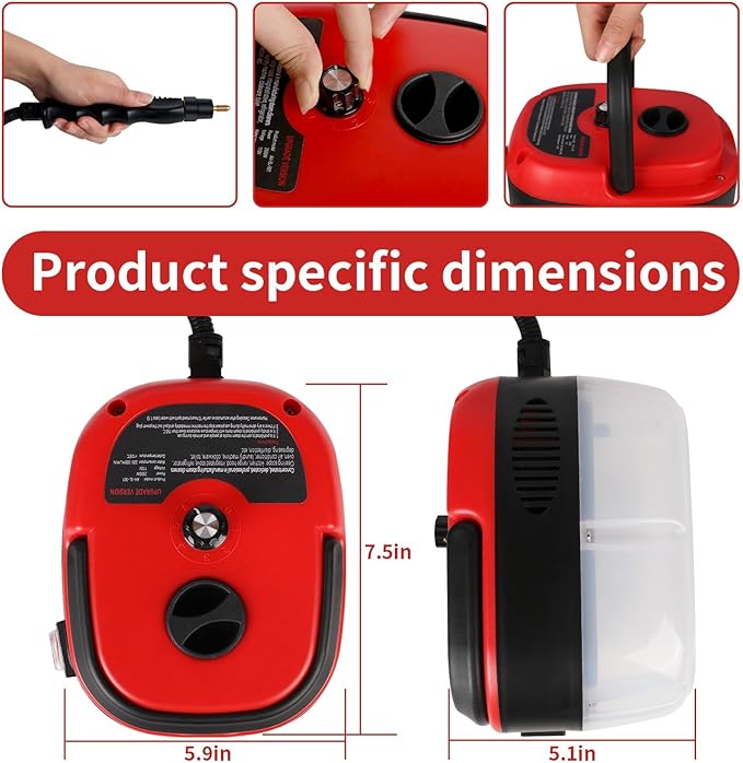 Handheld Steam Cleaner, 2500W Pressurized Steam Cleaner with 3 Brush Heads, Portable Steam Cleaner for Home, Car, Furniture, Kitchen, Bathroom and Wall, Red
