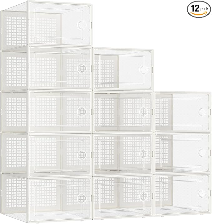 Kuject Large Shoe Organizers Storage Boxes for Closet, 12 Pack Clear Plastic Stackable Storage Bins with Lids, Under Bed Shoe Containers for Entryway, Fit up to Women's Size 10,Black,Off-white