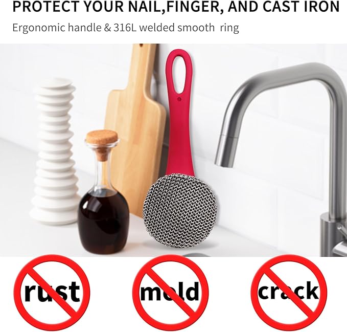 Cast Iron Cleaner Scrubber with Long Handle - Welded Fine Chain Mail Cast Iron Scrubber Brush-Chainmail Sponge Scrub Cleaning Tool to Clean Skillets, Pan,Griddle, Wok, Dutch Oven
