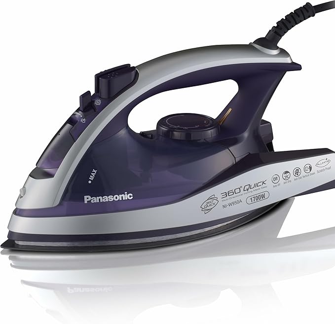 Panasonic Dry and Steam Iron with Alumite Soleplate, Fabric Temperature Dial and Safety Auto Shut Off – 1700 Watt Multi Directional Iron – NI-W950A, Purple