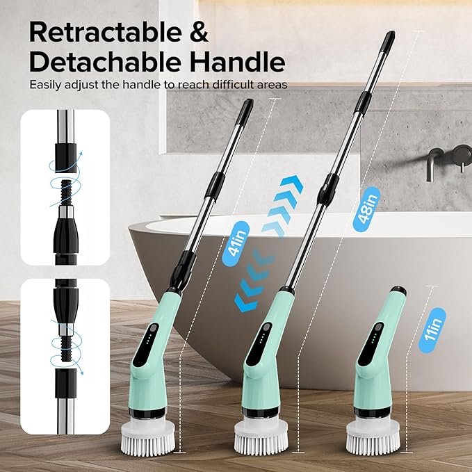 Electric Spin Scrubber, Dreazu IPX7 Bathroom Scrubber with 7 Replaceable Brush Heads & Retractable Handle, 2-Speed Adjustable Spin Scrubber for Bathroom, Bathtub, Kitchen, Tile Floors（Green）