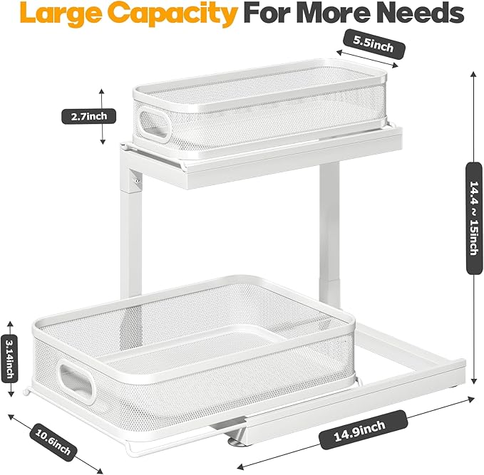 2-Pack Under Sink Storage Organizer with 2-Tier Slide Out Drawer, Sophisticated Mesh Pull Out Shelf for Kitchen & Bathroom, Fits Small Items, Upgraded Arched Track for Smooth Gliding(Patented)