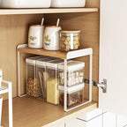 Mitus Shelf Organizer and Storage, Stackable Tiered Wood Cabinet Rack for Countertops, Desktops, Cabinets (Set of 2) 16" Wide Natural Oak and White