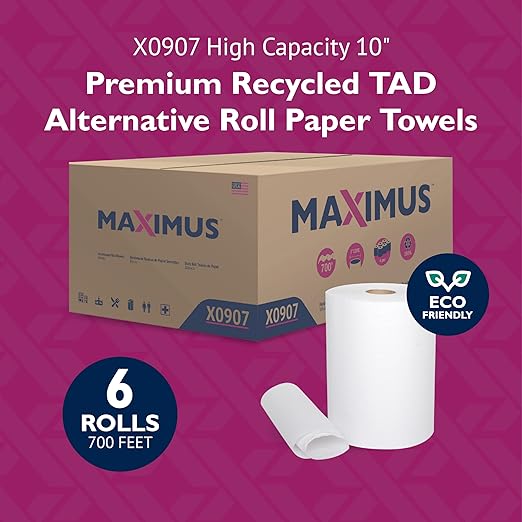 Maximus X0907 Recycled Paper Towels with Superior Absorbency, 10" Commercial Paper Towels Rolls Suitable for Office, Restaurant, and Healthcare Facilities, 6 Rolls Per Case