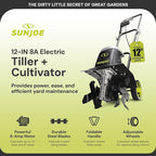 Sun Joe Electric Garden Tiller and Cultivator with 3 Position Height Adjustment Maximum 12-inch Cultivating Width and 8 Amp Motor, TJ602E