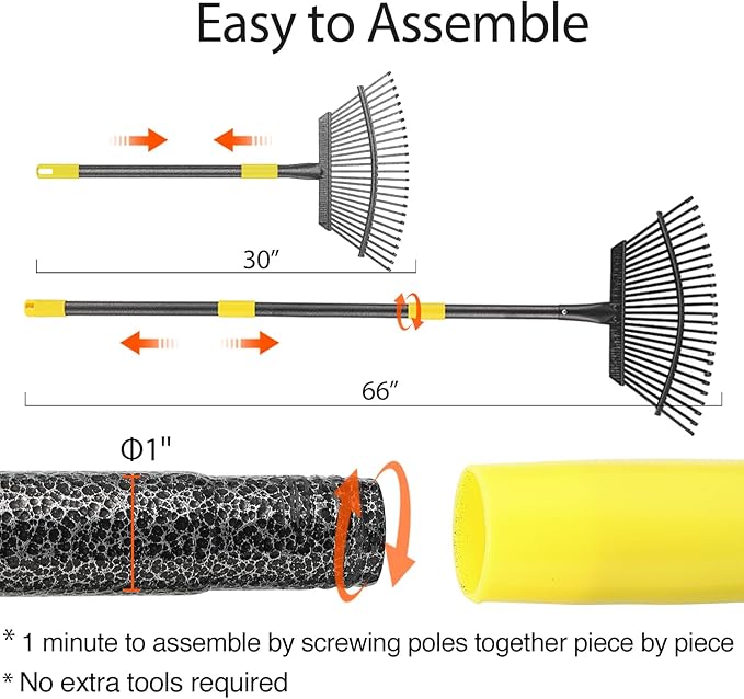 Collapsible Rake for Leaves, 30-66 inch Metal Leaf Rakes for Lawns Heavy Duty Extended Handle, 25 Tines 18" Wide Rake Garden Tools for Camping, Yard, Landscape, Pine Needle and Grass