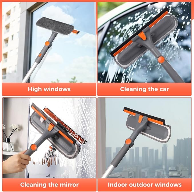 Squeegee for Window Cleaning 2-in-1 Cleaner Tool with Extension Pole and 2 Microfiber Pads, 360° Car Squeegee Kit Professional, 62 Inch for High Glass, Home,Outdoor